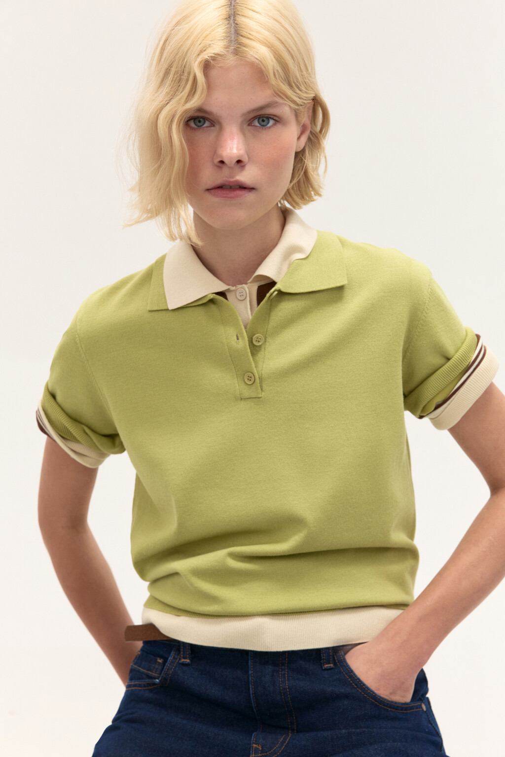 Джемпер-поло из вязаного трикотажа - цвет зеленый - 1
