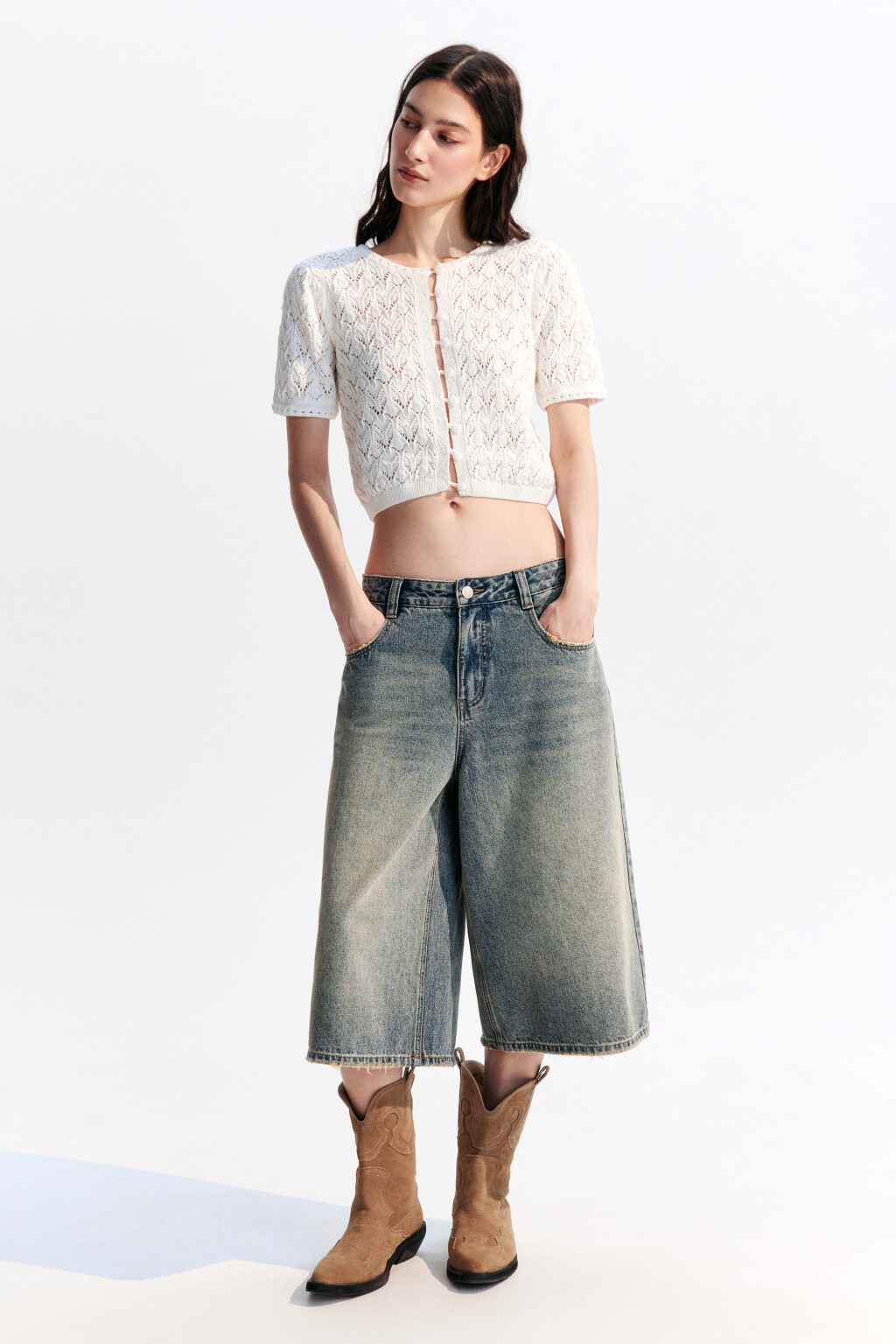 Кардиган ажурный на пуговицах - цвет молочный - 8