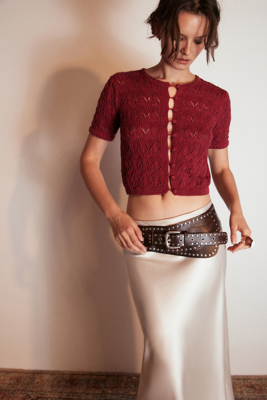 Кардиган ажурный на пуговицах - цвет бордовый - 1