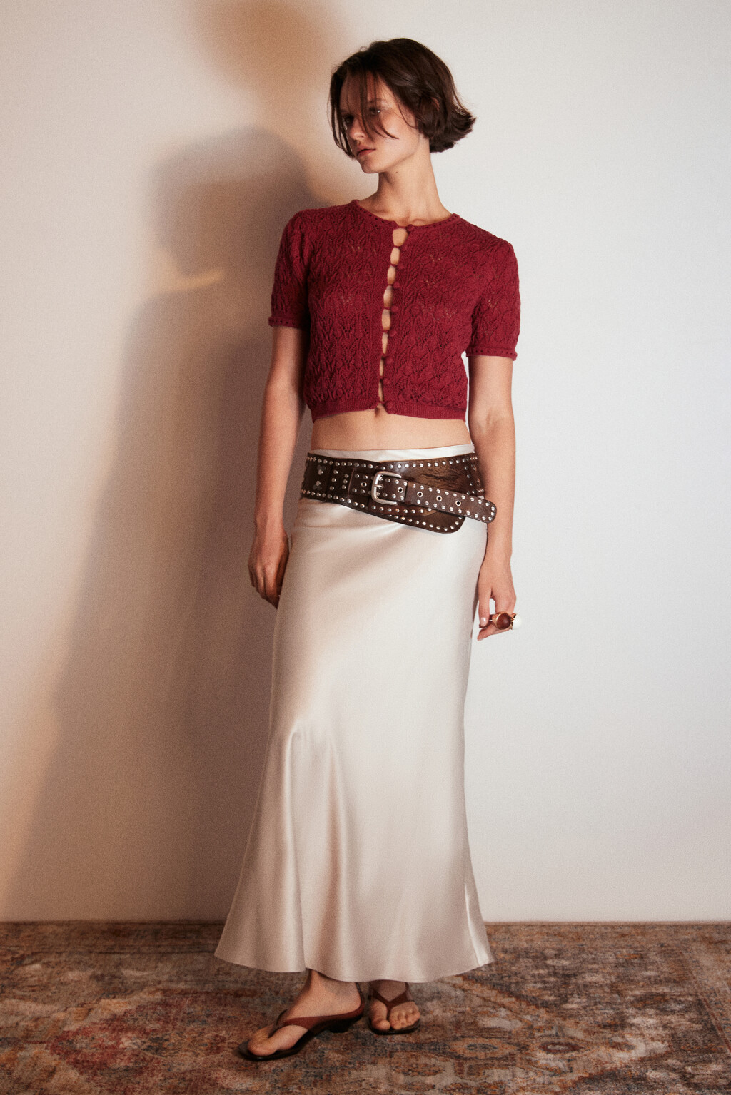 Кардиган ажурный на пуговицах - цвет бордовый - 3