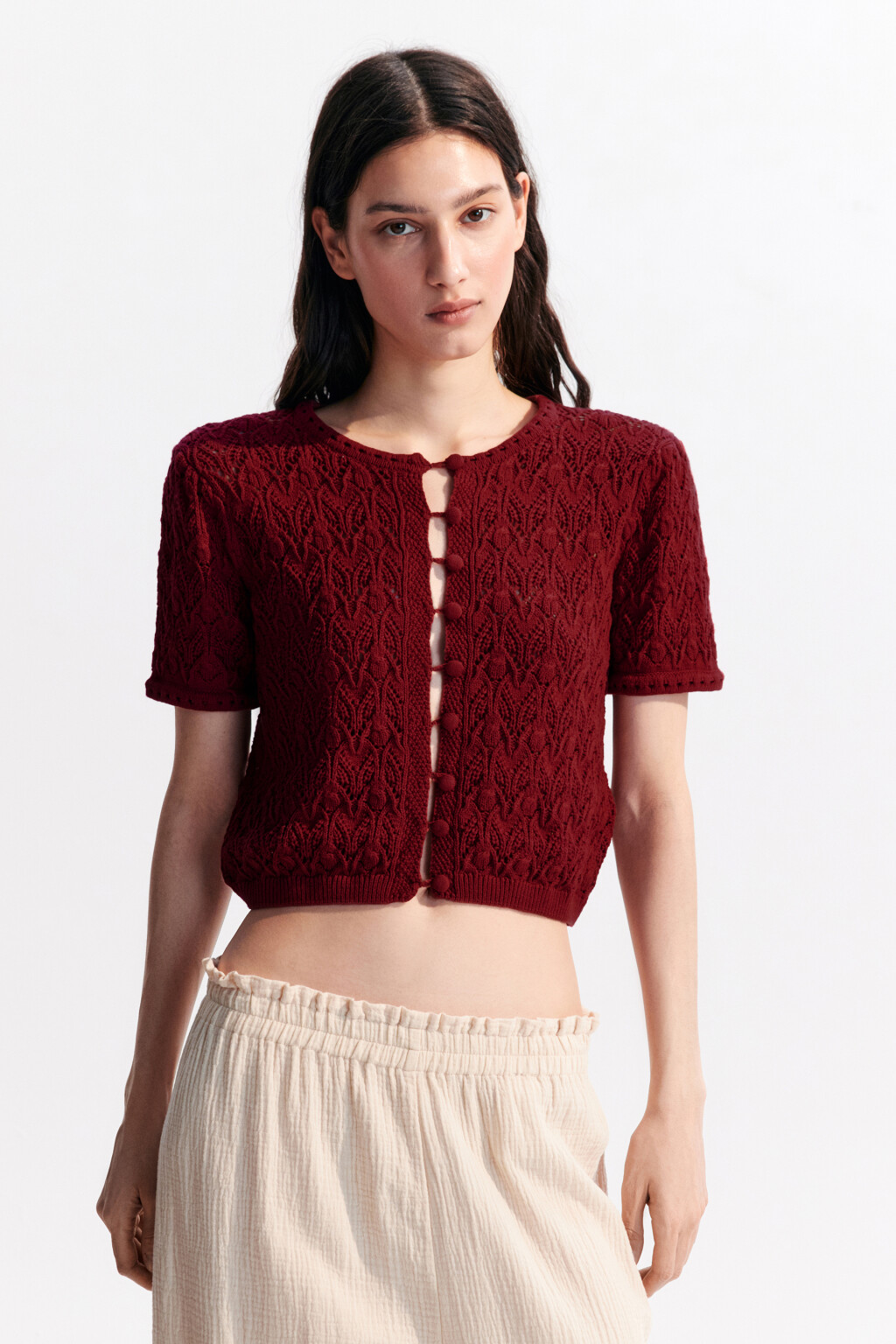 Кардиган ажурный на пуговицах - цвет бордовый - 6