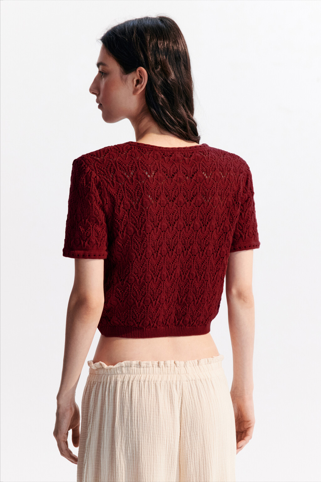 Кардиган ажурный на пуговицах - цвет бордовый - 7