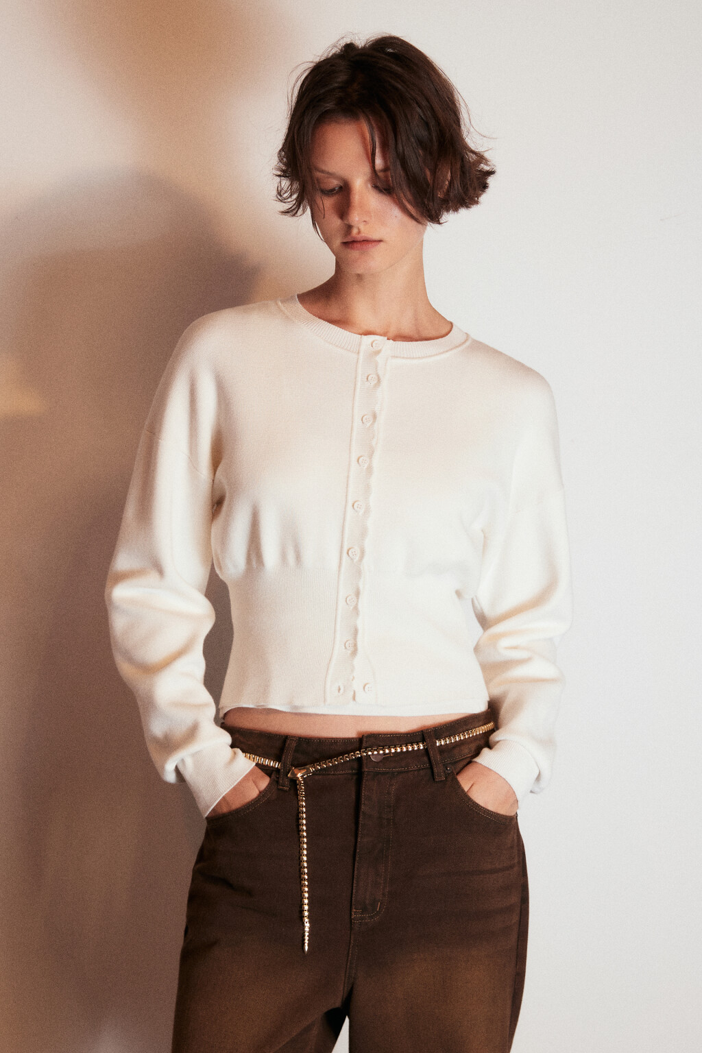 Кардиган на пуговицах укороченный - цвет молочный - 3