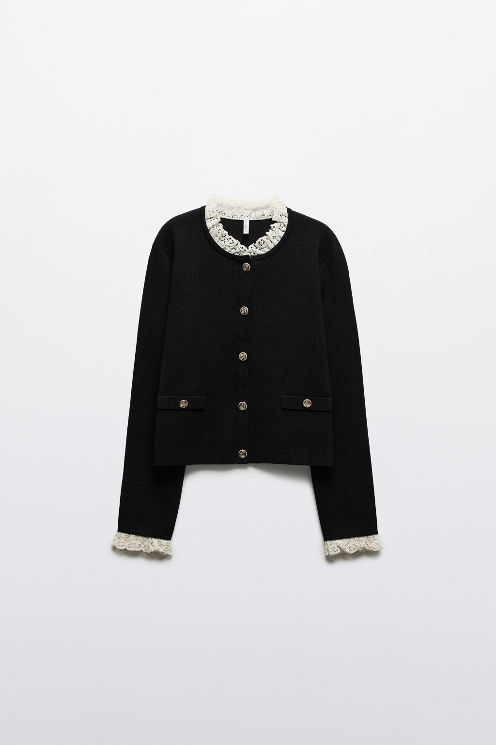 Кардиган на пуговицах с кружевом - цвет черный - 8