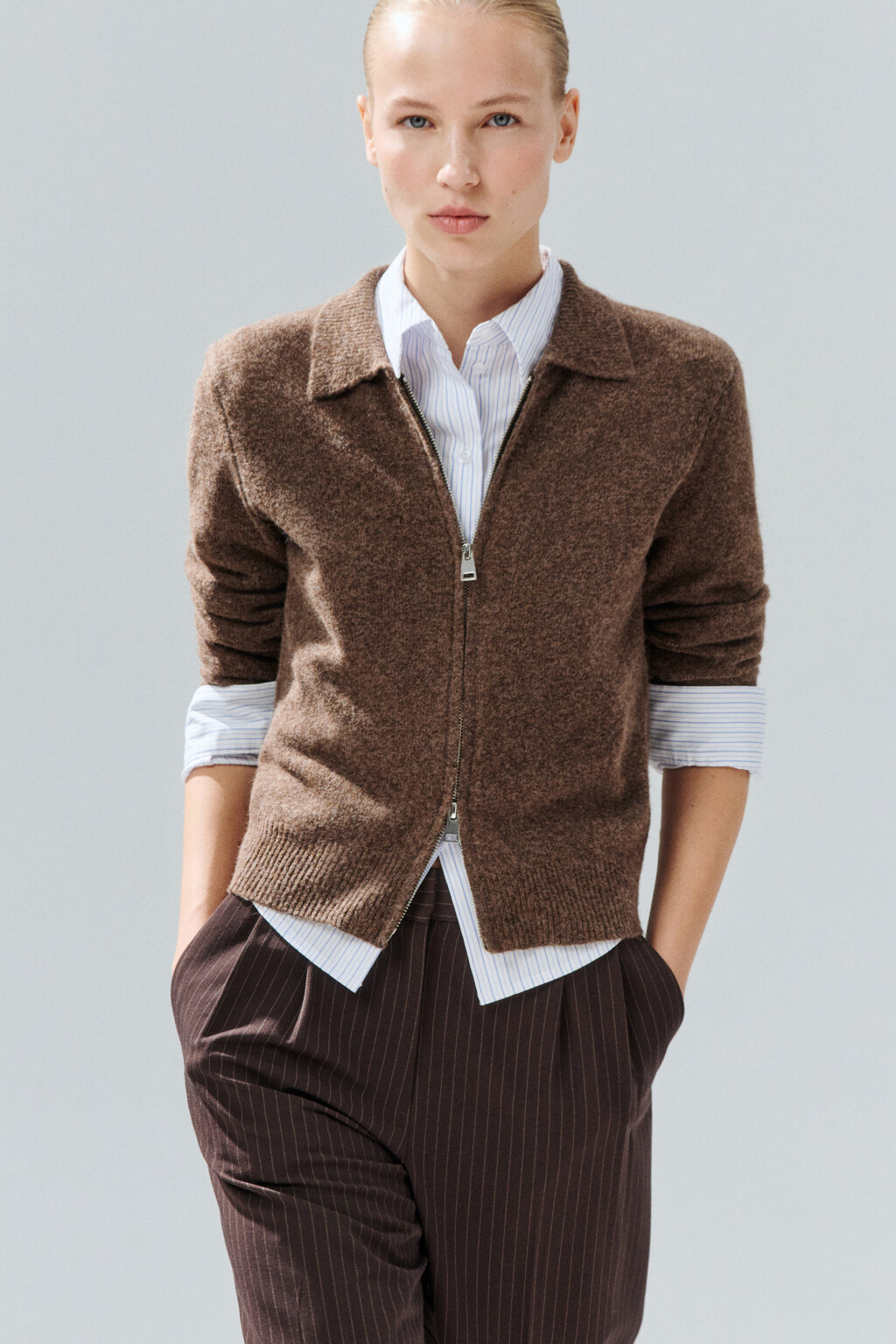 Кардиган на молнии с шерстью - цвет коричневый - 1