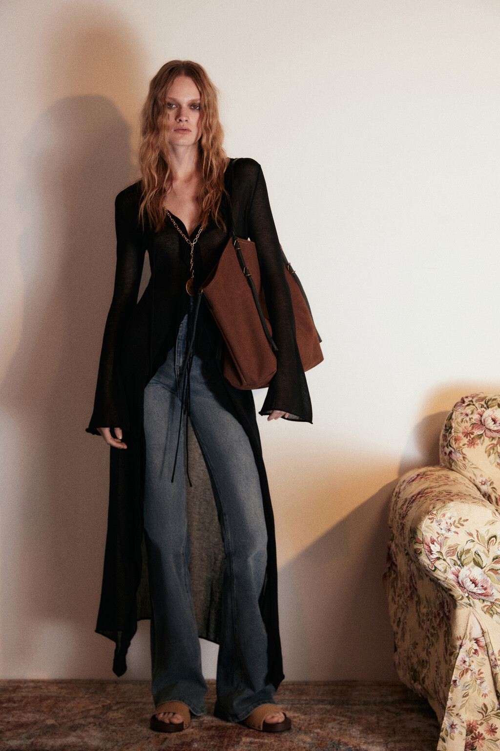 Кардиган макси на завязках с воланами - цвет черный - 3