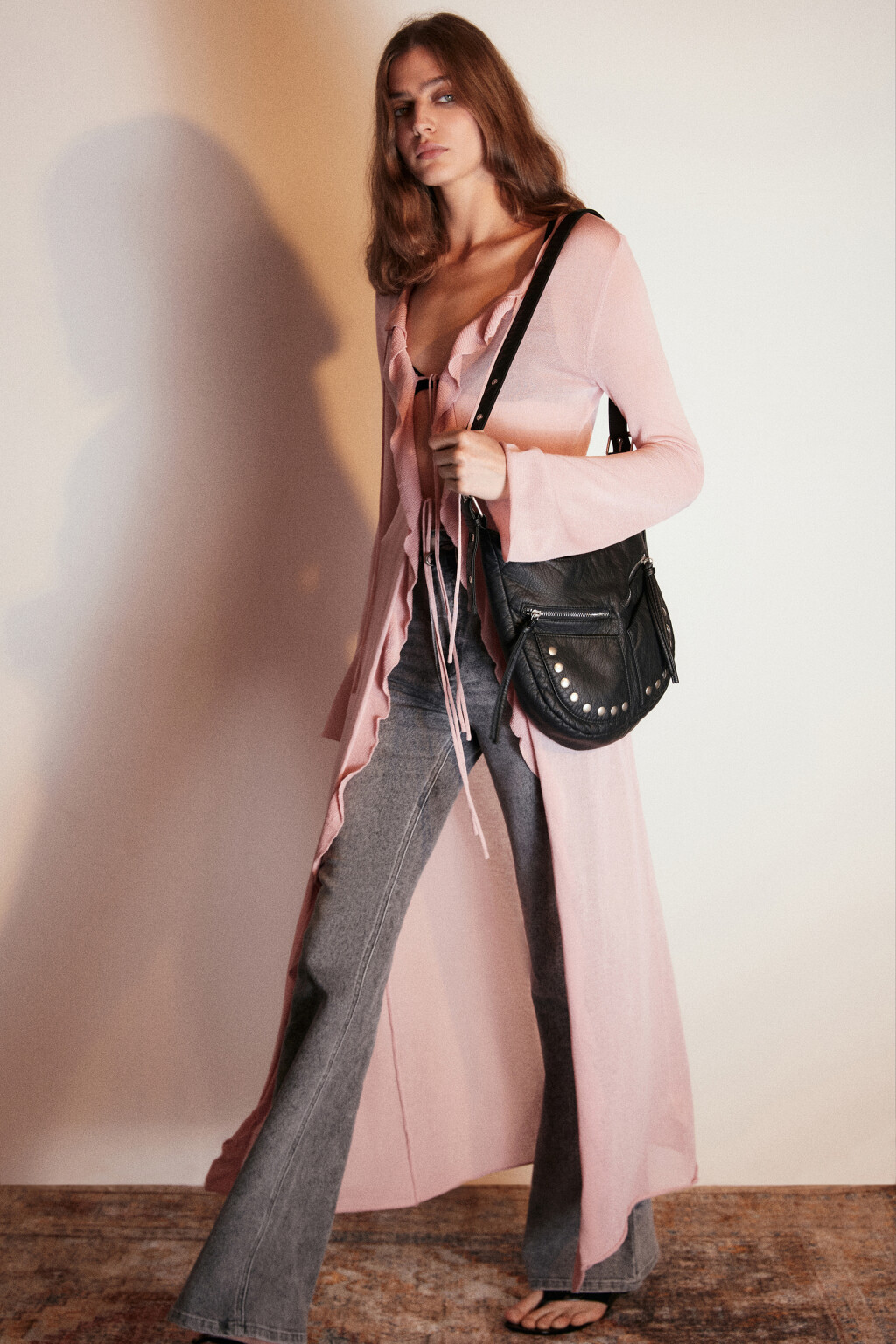 Кардиган макси на завязках с воланами - цвет розовый - 2