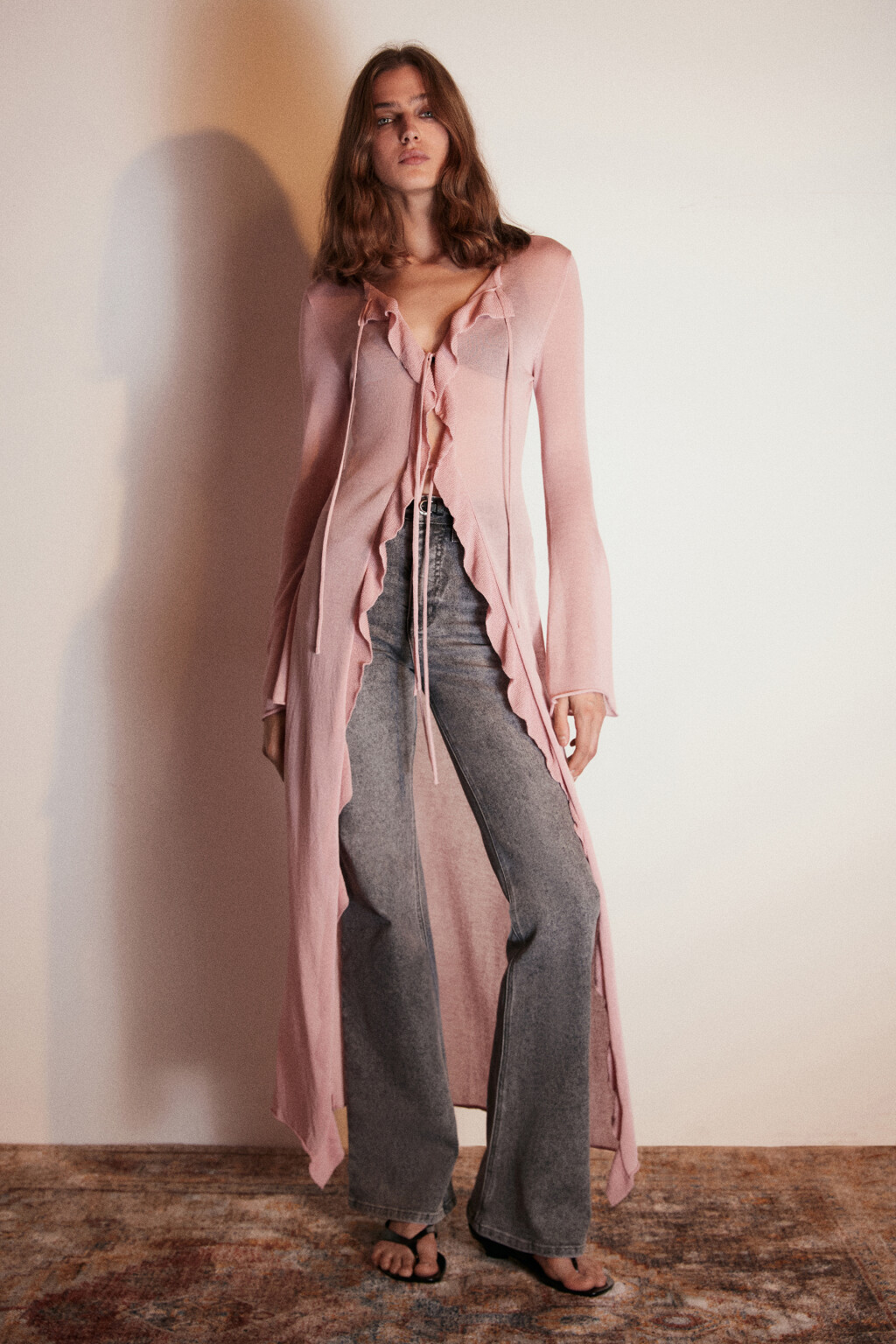 Кардиган макси на завязках с воланами - цвет розовый - 4