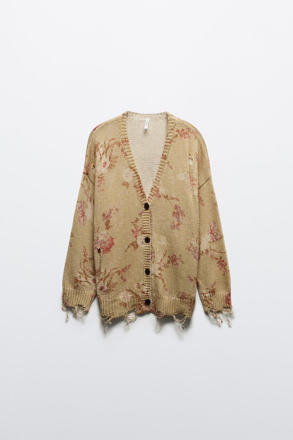 Кардиган на пуговицах рваный с принтом - цвет бежевый - 8