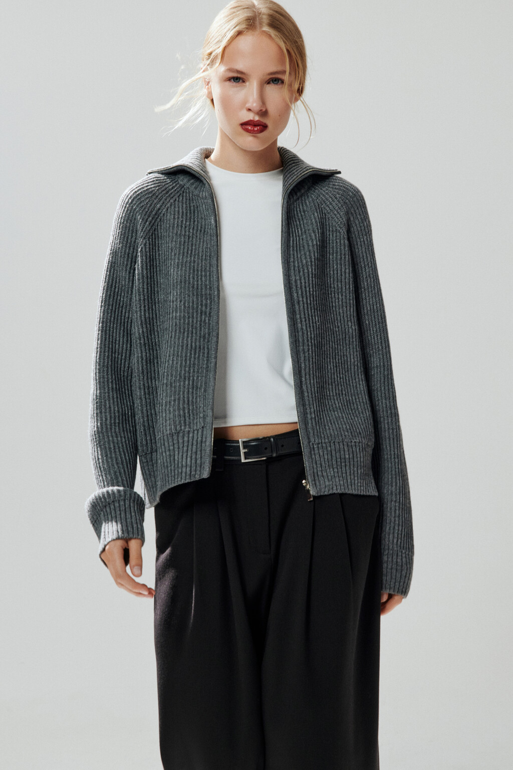 Кардиган вязаный на молнии - цвет серый - 1