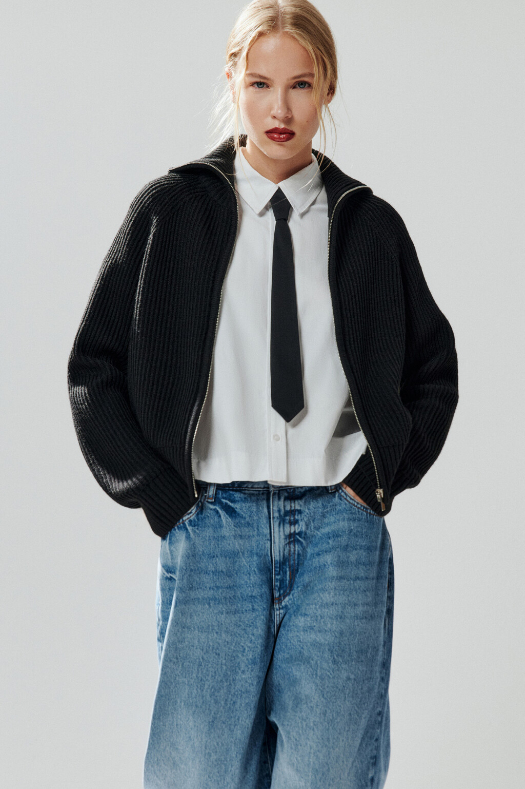 Кардиган вязаный на молнии - цвет черный - 1