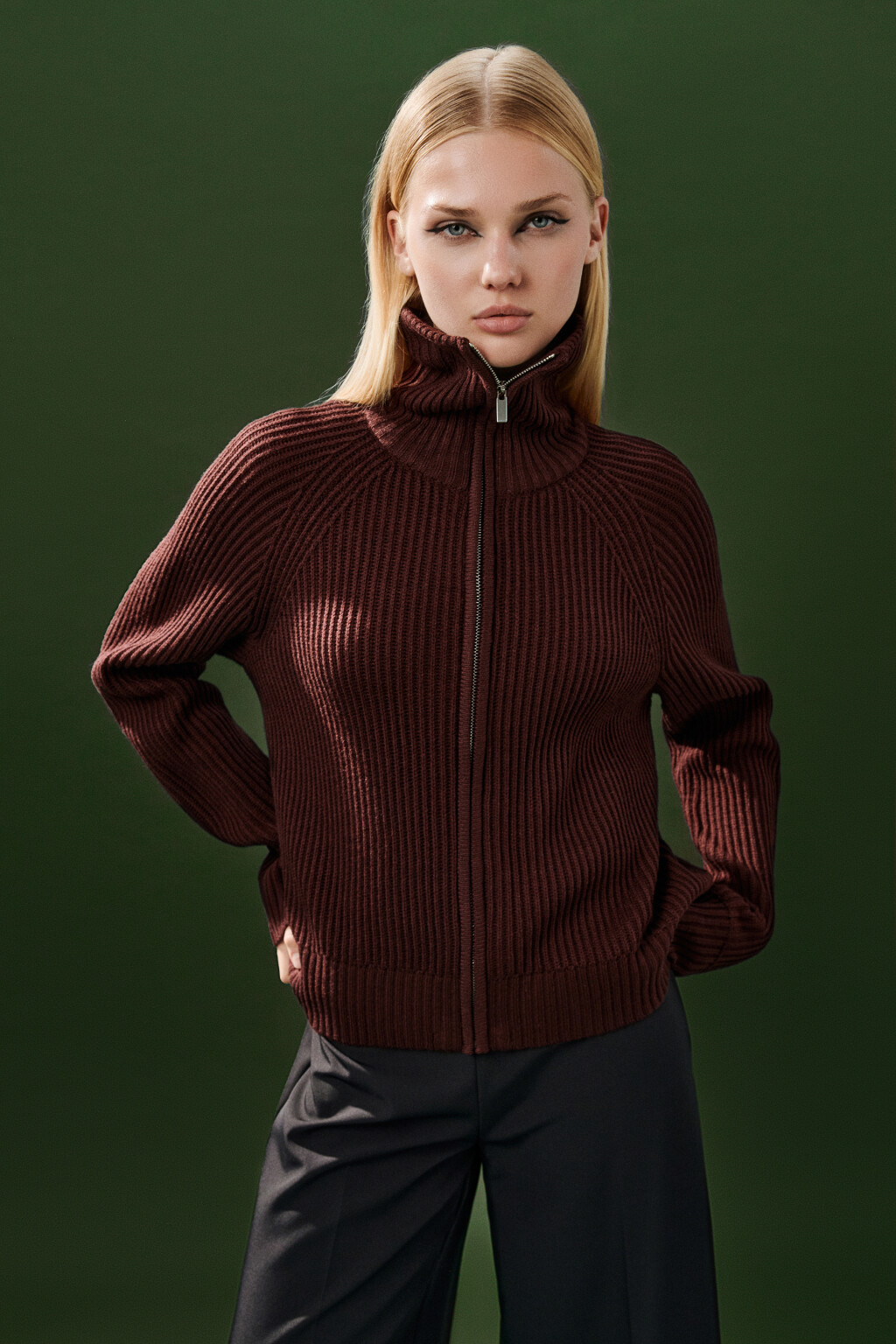 Кардиган вязаный на молнии - цвет бордовый - 1