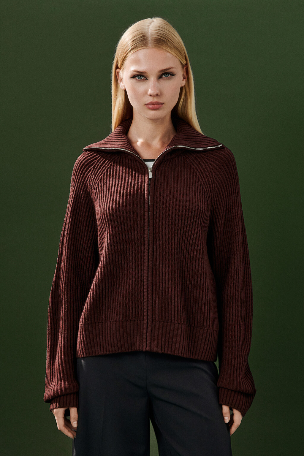 Кардиган вязаный на молнии - цвет бордовый - 3