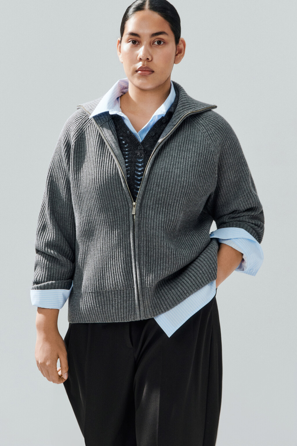 Кардиган вязаный на молнии - цвет серый - 1