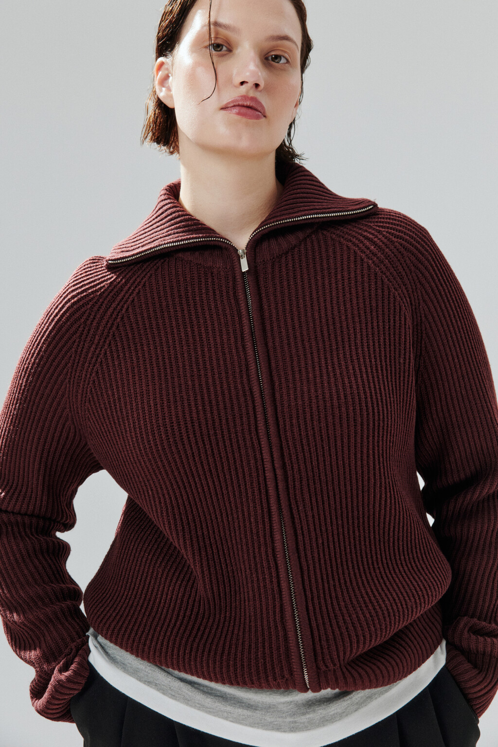 Кардиган вязаный на молнии - цвет бордовый - 1