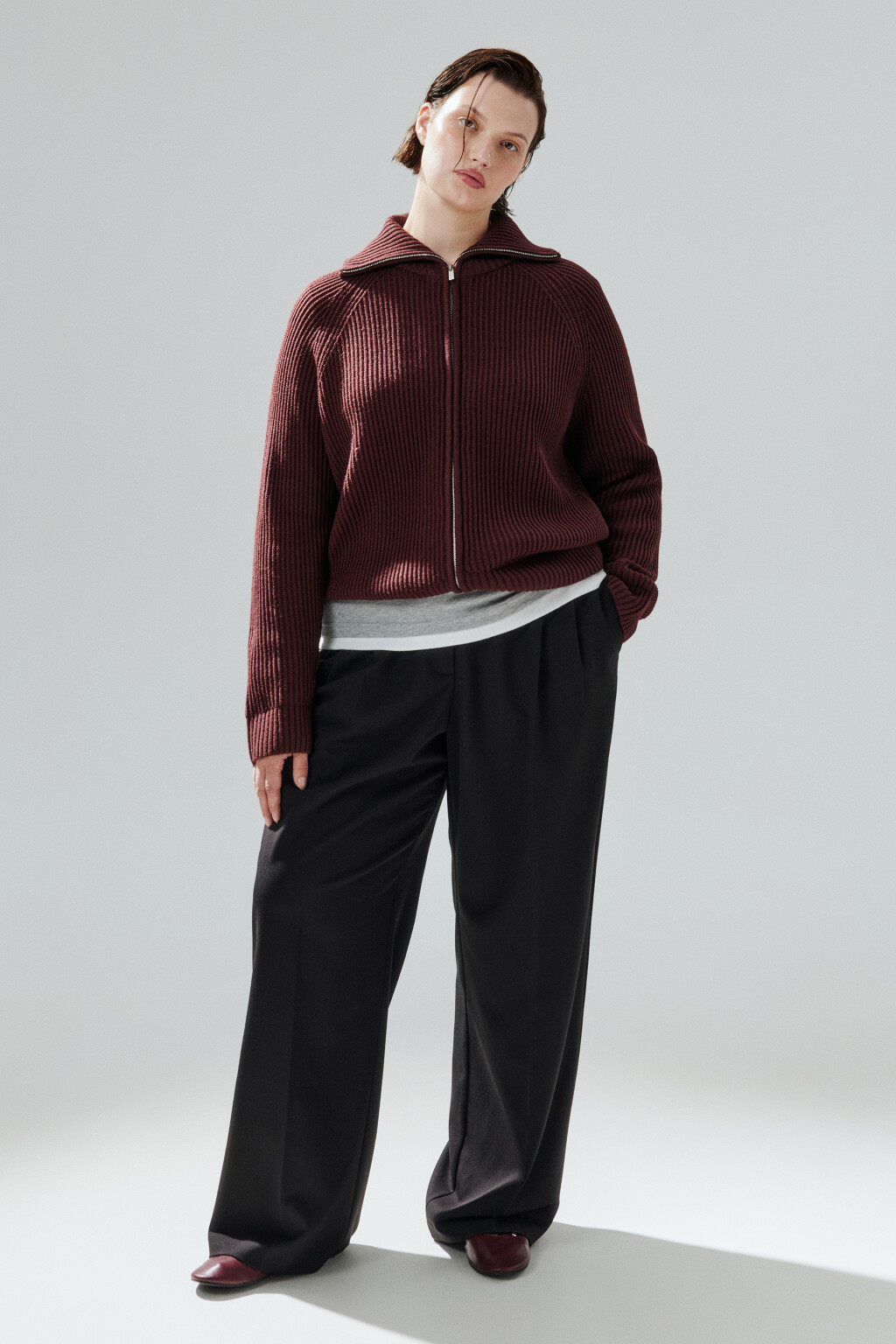 Кардиган вязаный на молнии - цвет бордовый - 4