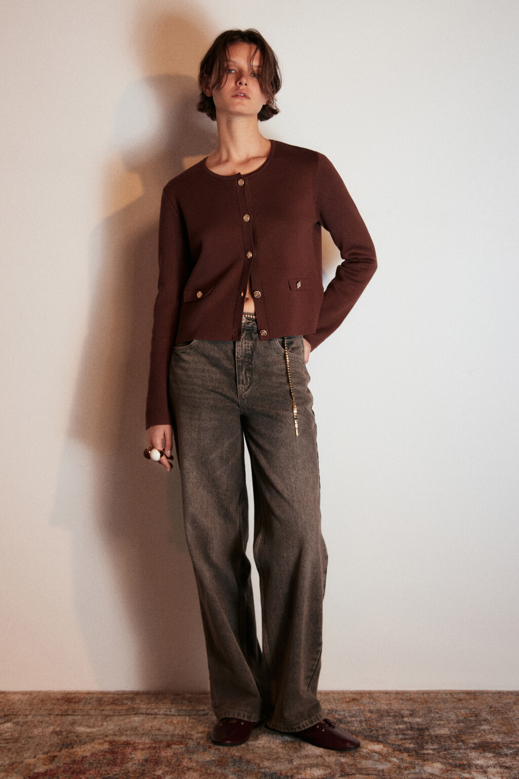 Кардиган жаккардовый на пуговицах - цвет коричневый - 4