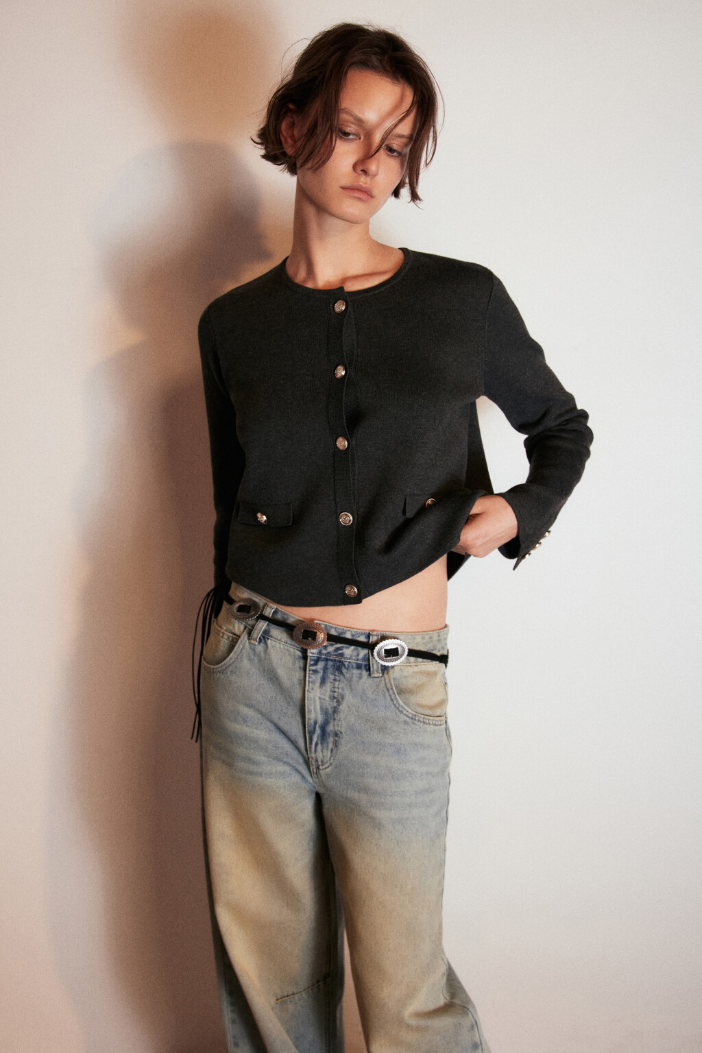 Кардиган жаккардовый на пуговицах - цвет серый - 1