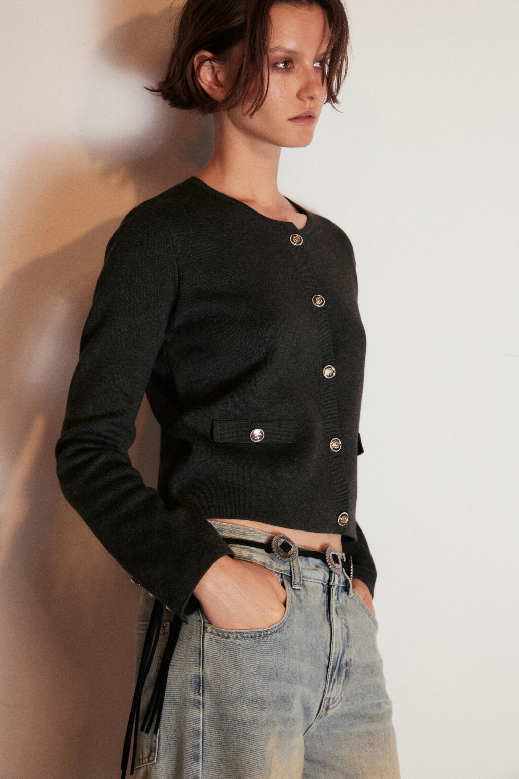 Кардиган жаккардовый на пуговицах - цвет серый - 2