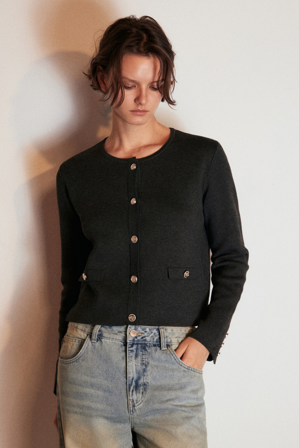 Кардиган жаккардовый на пуговицах - цвет серый - 3