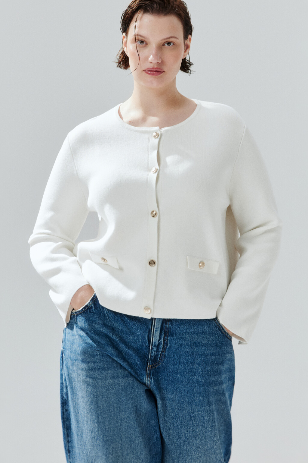 Кардиган на пуговицах с круглым вырезом - цвет молочный - 2