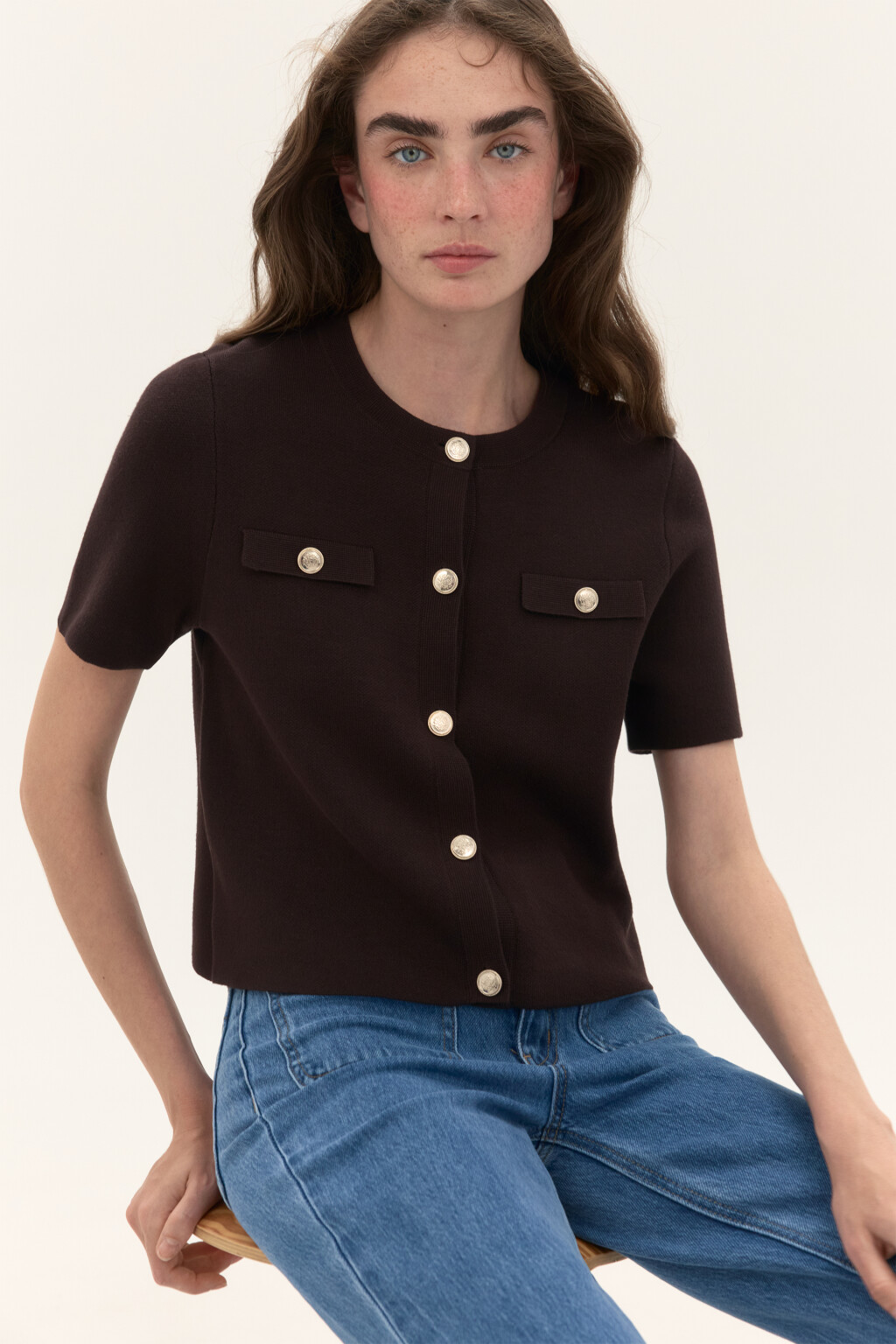 Кардиган вязаный с короткими рукавами - цвет коричневый - 1