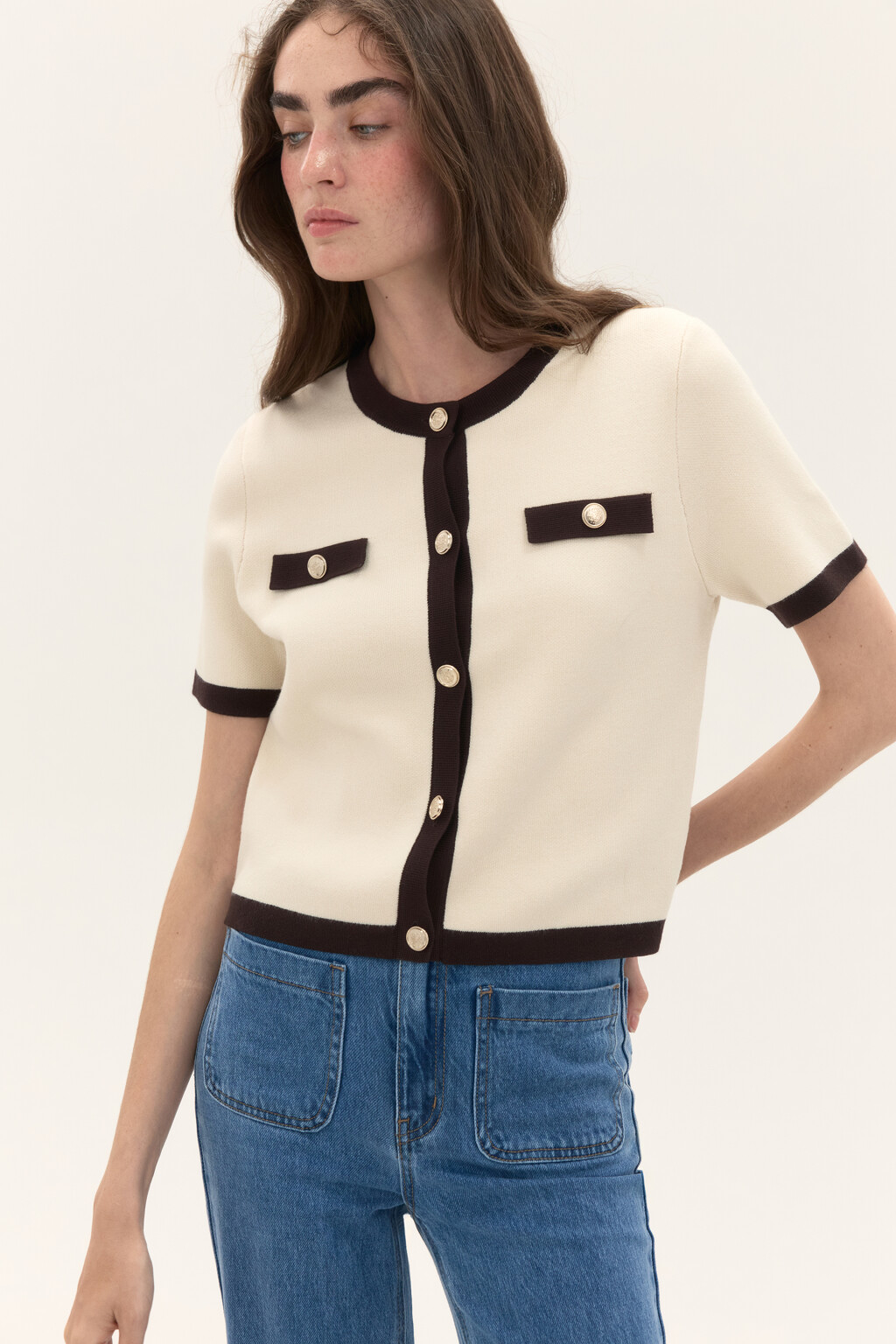 Кардиган вязаный с короткими рукавами - цвет молочный - 1