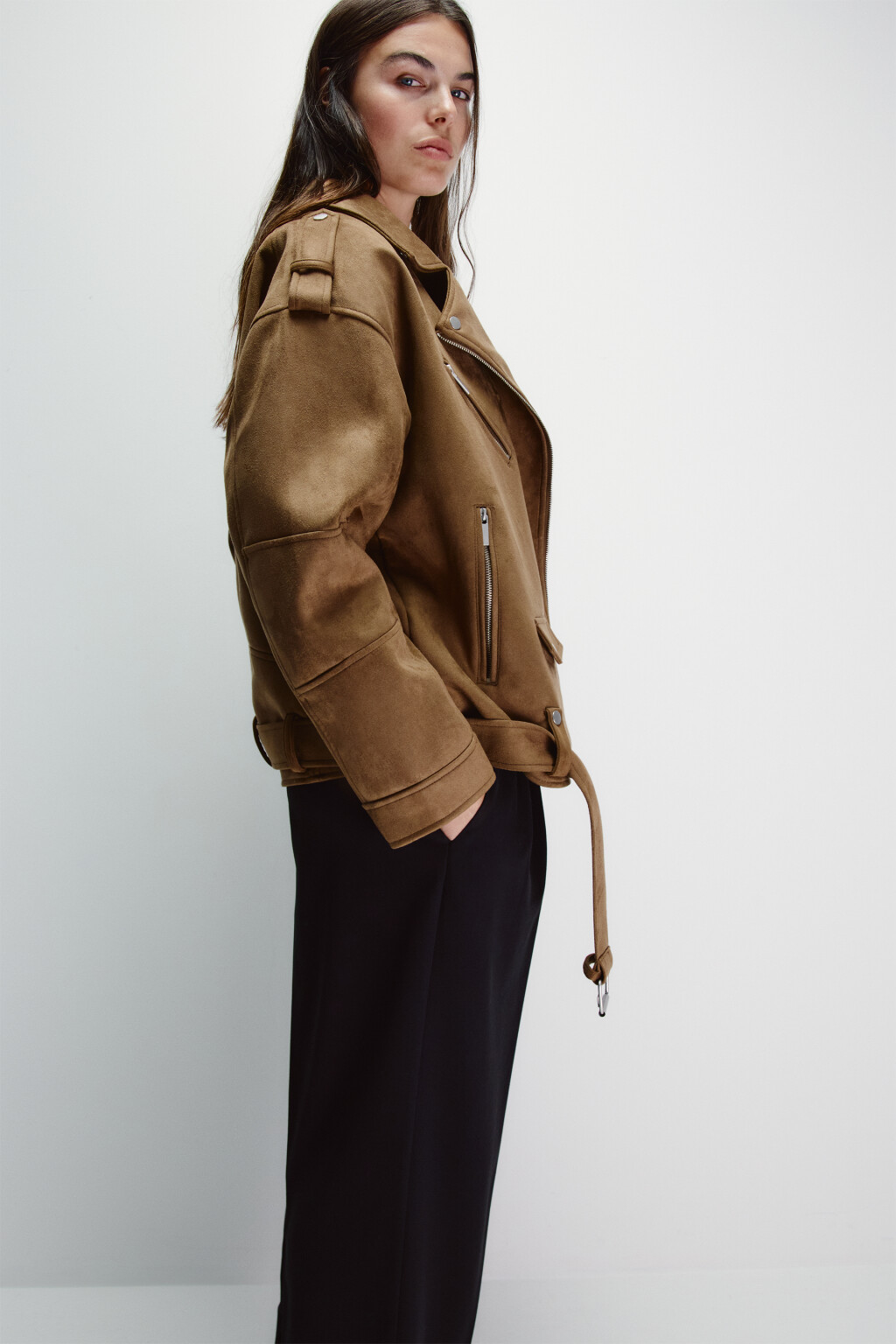 Куртка-косуха с замшевой фактурой - цвет коричневый - 1