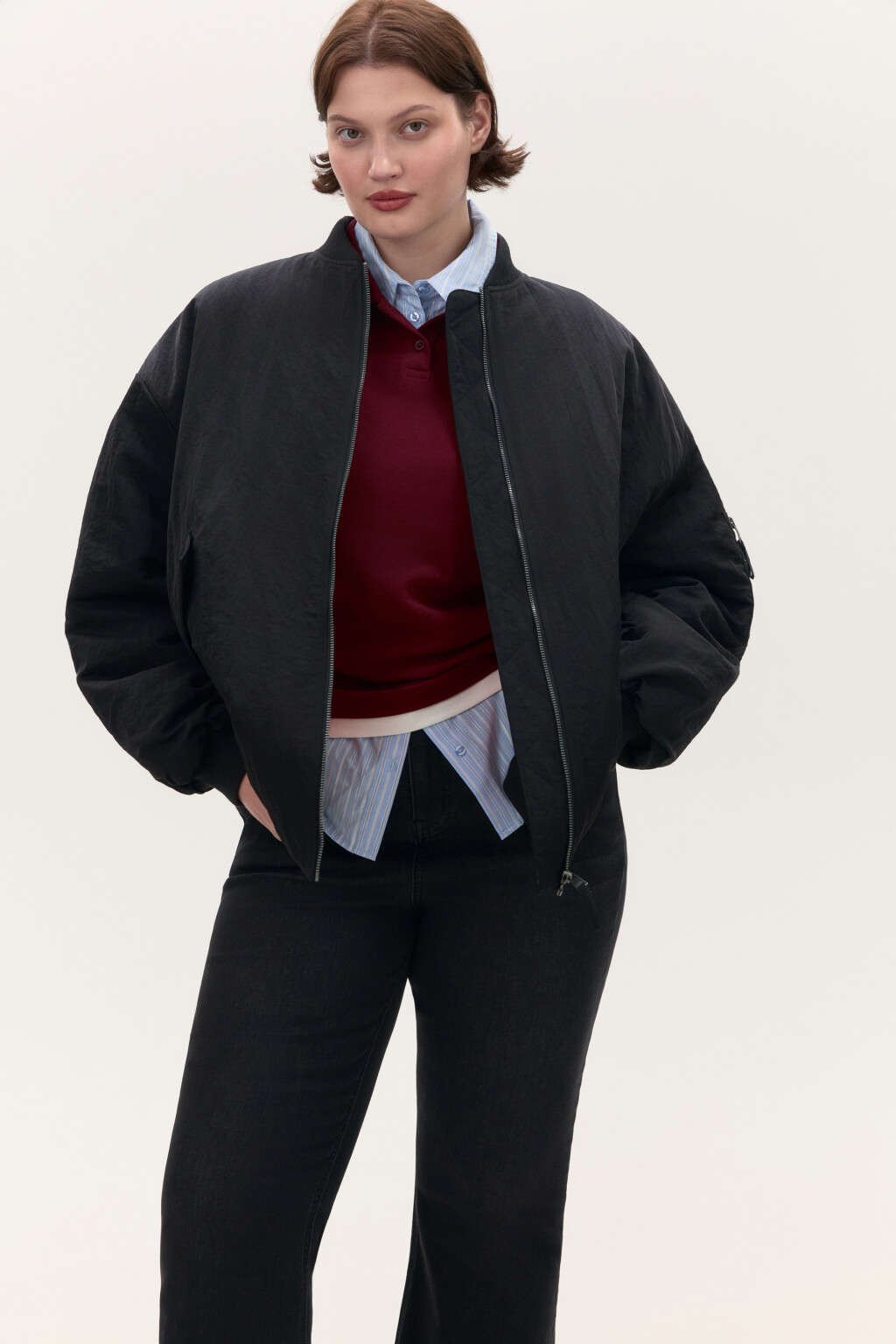 Куртка-бомбер oversize утепленная - цвет черный - 1