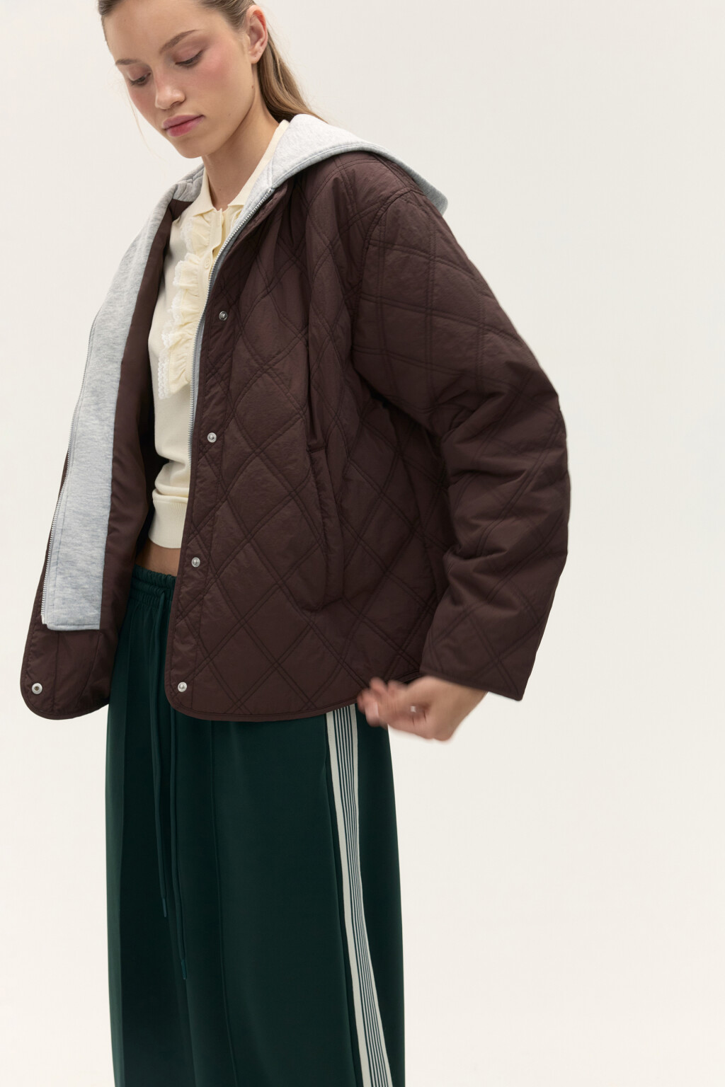 Куртка стеганая с имитацией худи - цвет коричневый - 1