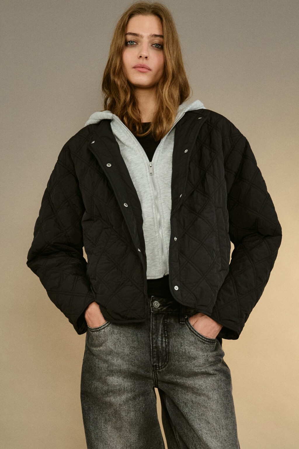 Куртка стеганая с имитацией худи - цвет черный - 1