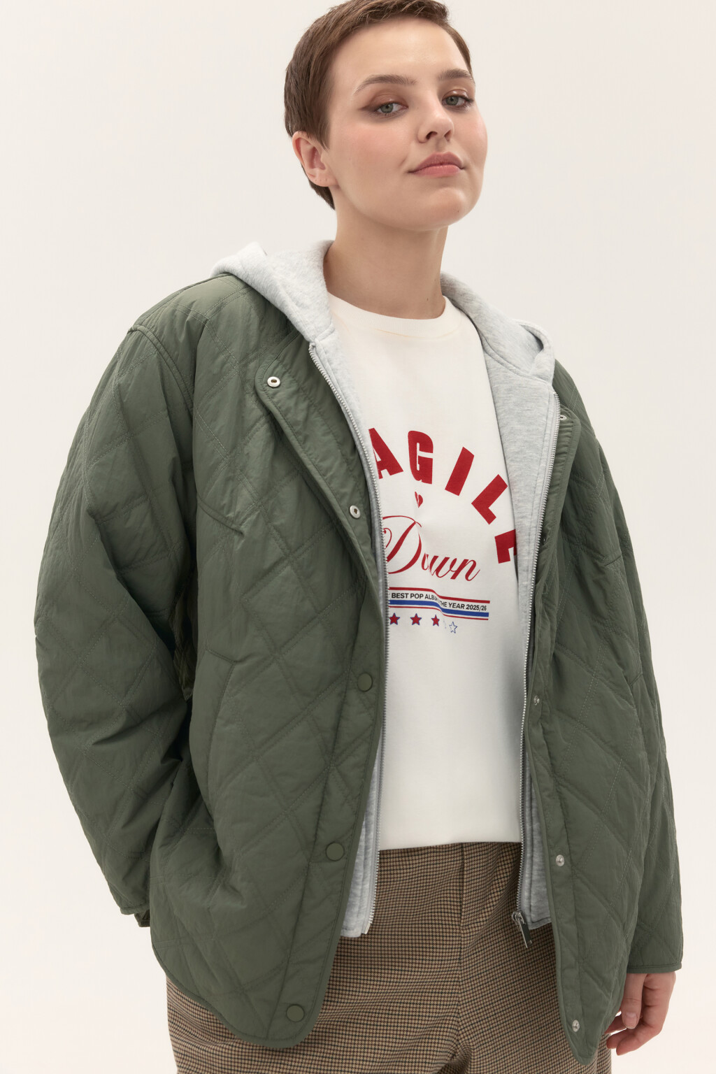 Куртка стеганая с имитацией худи - цвет зеленый - 1