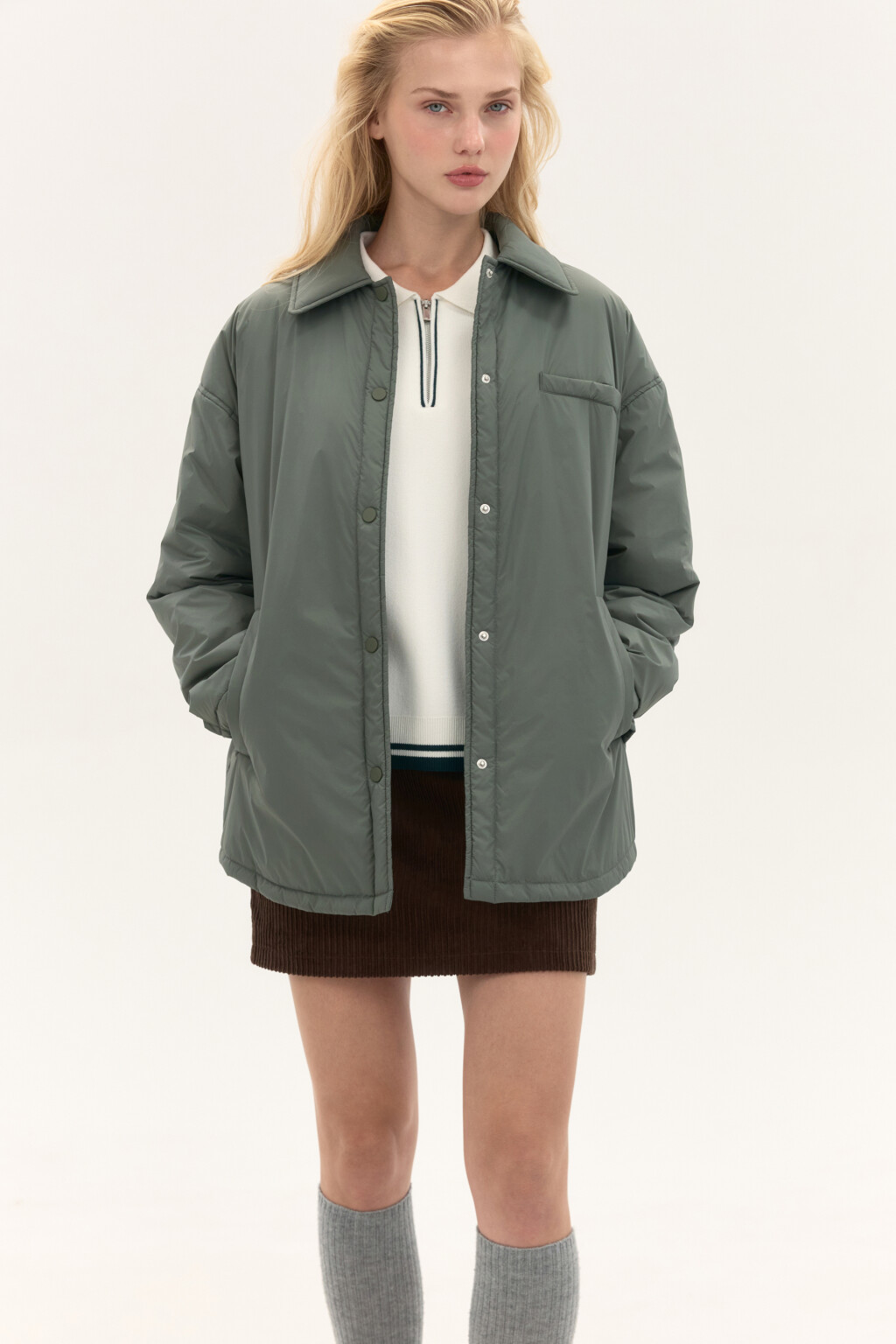 Куртка-рубашка oversize на утеплителе - цвет зеленый - 1