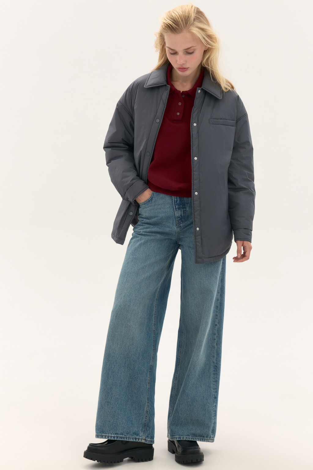 Куртка-рубашка oversize на утеплителе - цвет серый - 1