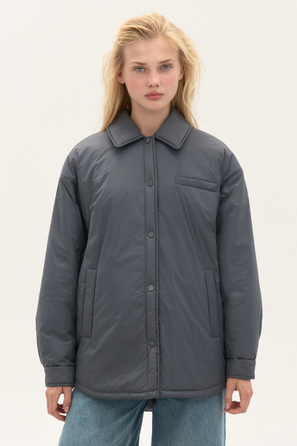 Куртка-рубашка oversize на утеплителе - цвет серый - 2