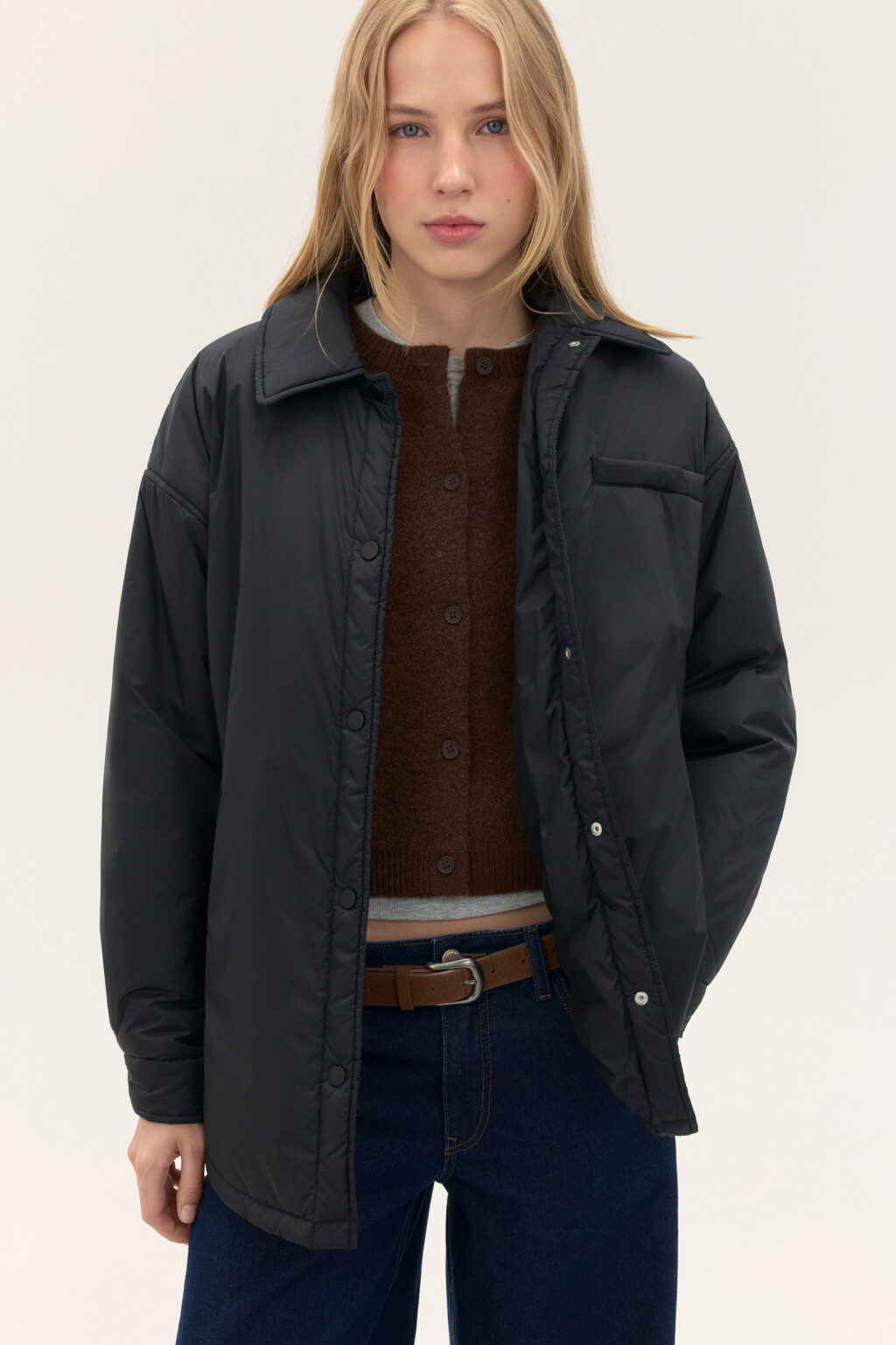Куртка-рубашка oversize на утеплителе - цвет черный - 1