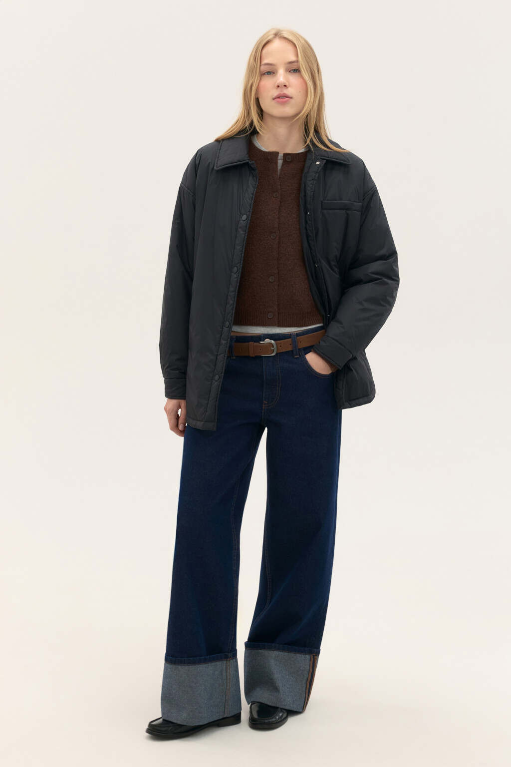 Куртка-рубашка oversize на утеплителе - цвет черный - 4