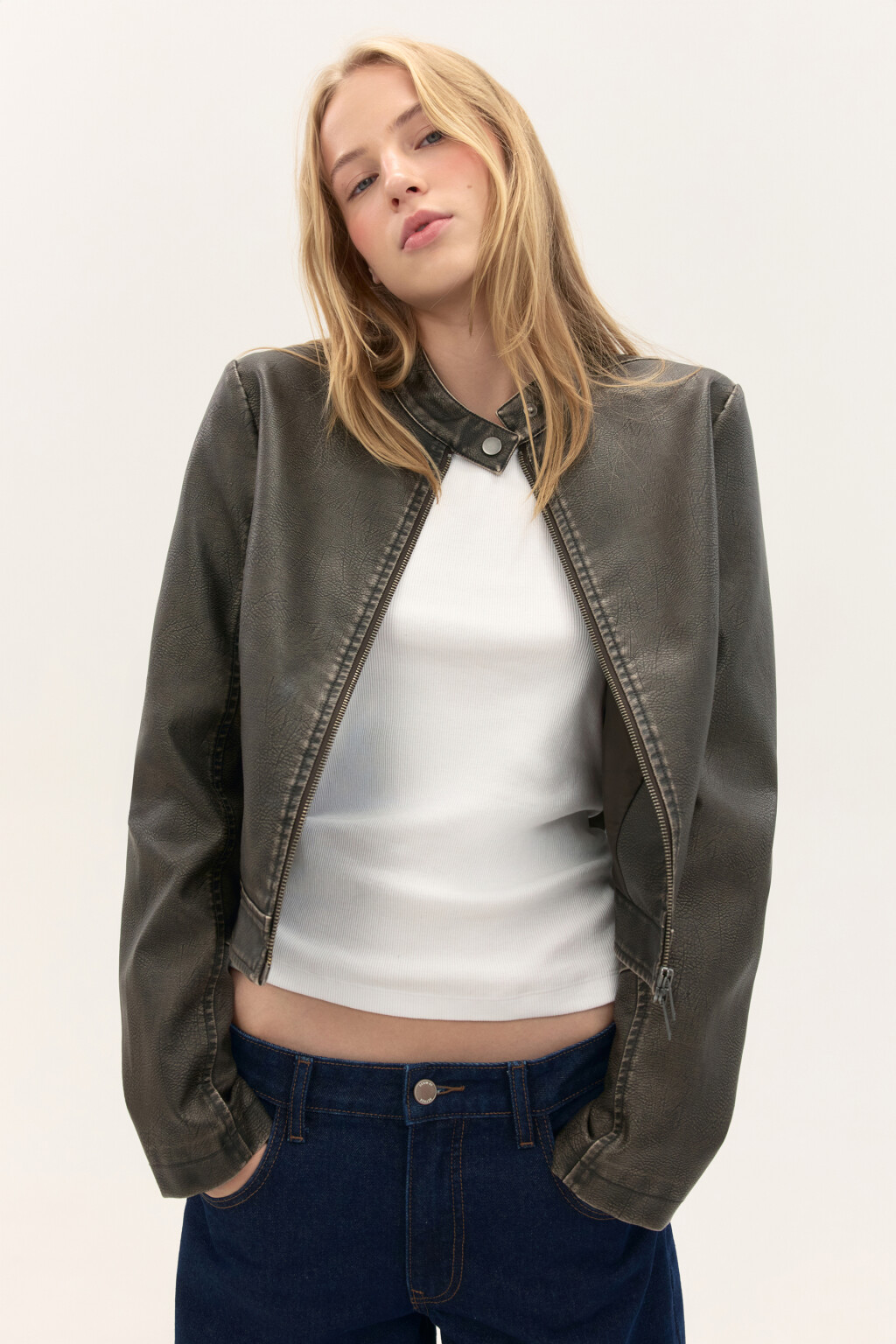 Куртка короткая с вареным эффектом - цвет зеленый - 1