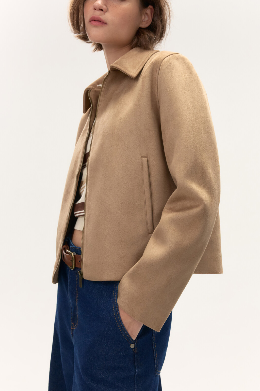 Куртка короткая с замшевой фактурой - цвет коричневый - 1