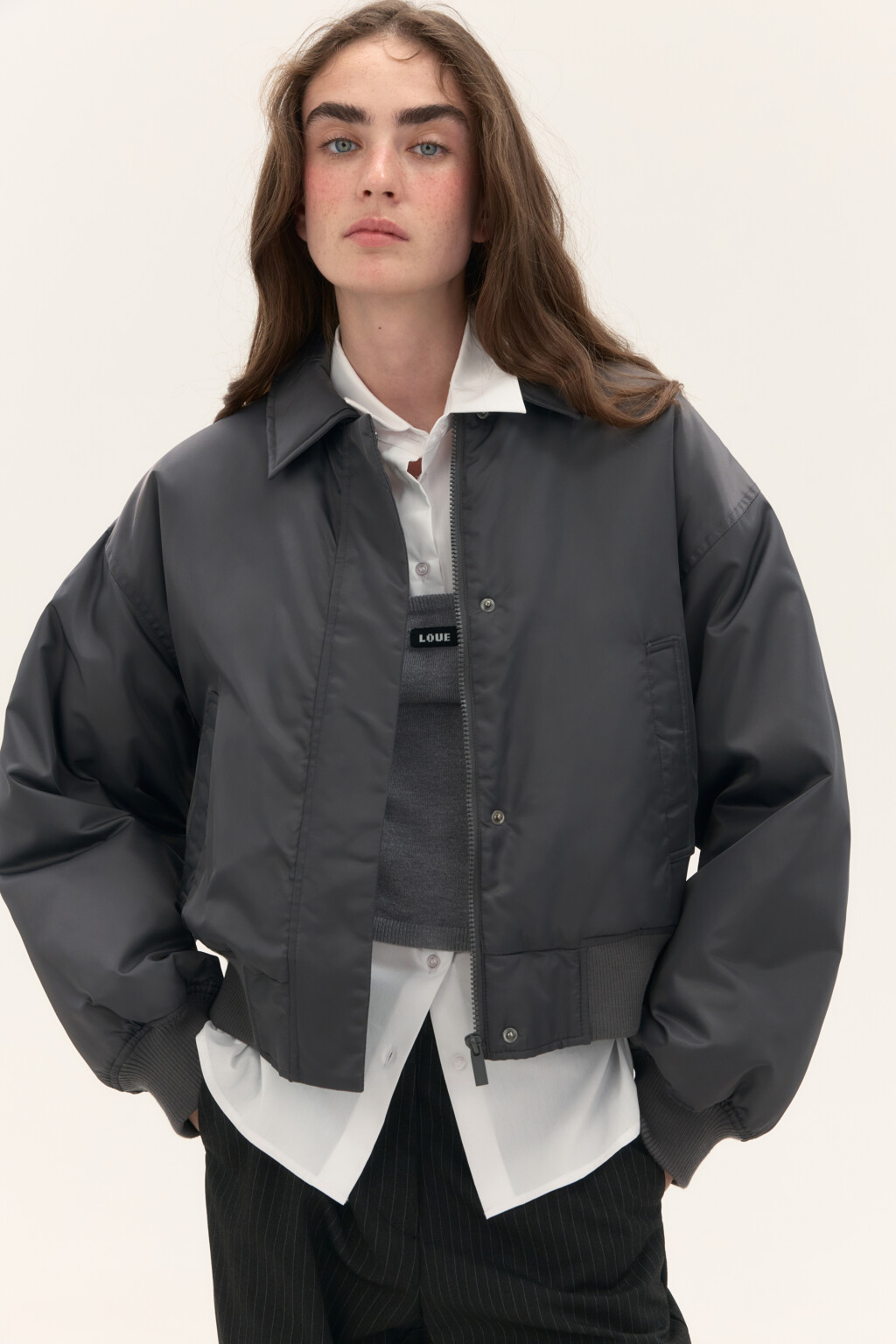 Куртка-бомбер укороченная на утеплителе - цвет серый - 1