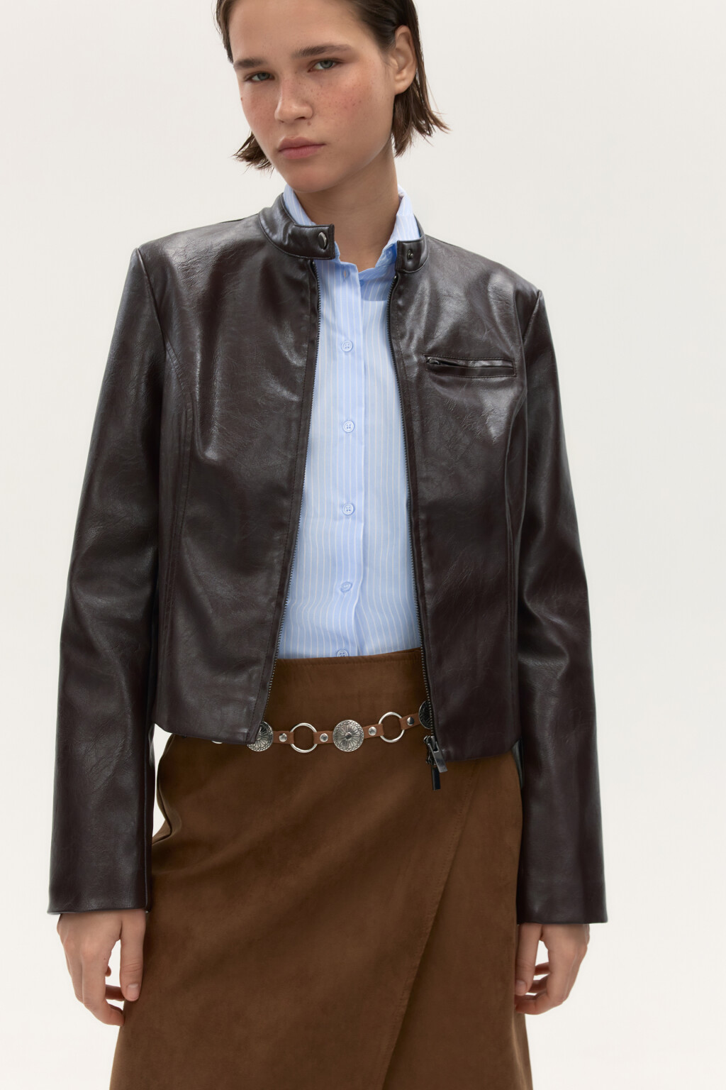 Куртка приталенная на молнии - цвет коричневый - 1