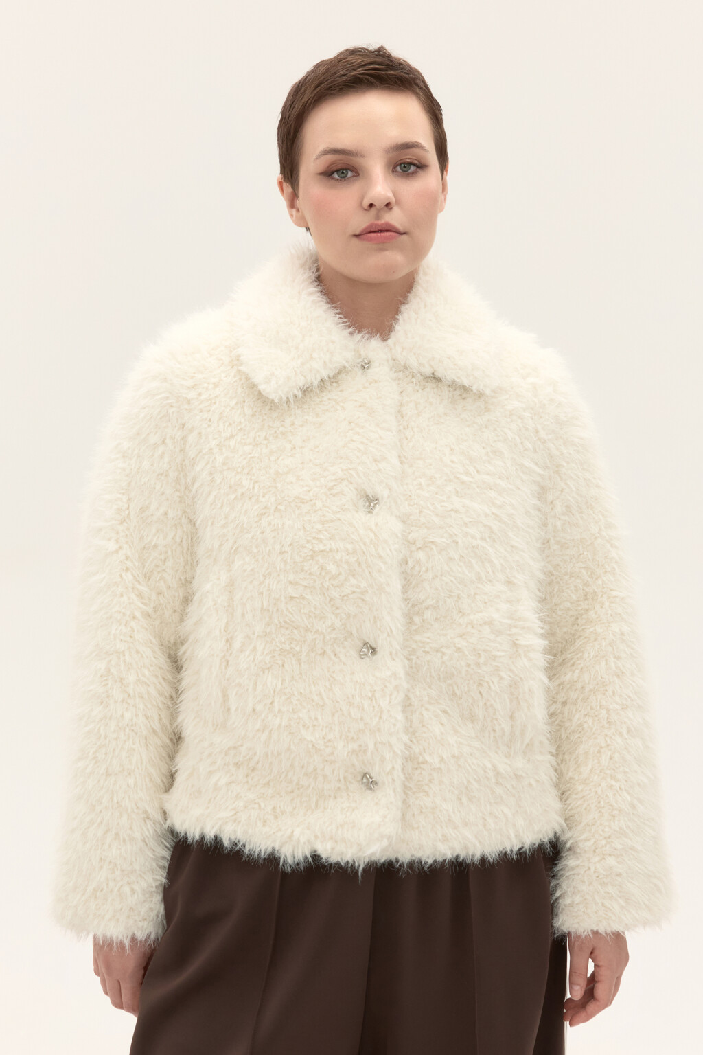 Полупальто с длинным ворсом - цвет белый - 2