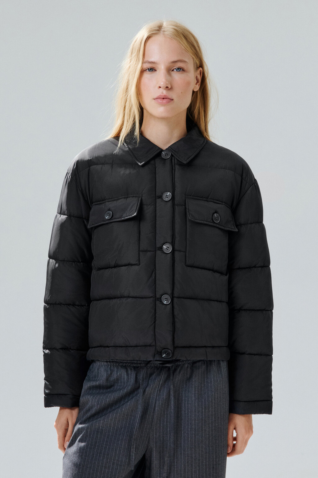 Куртка-рубашка стеганая укороченная - цвет черный - 2