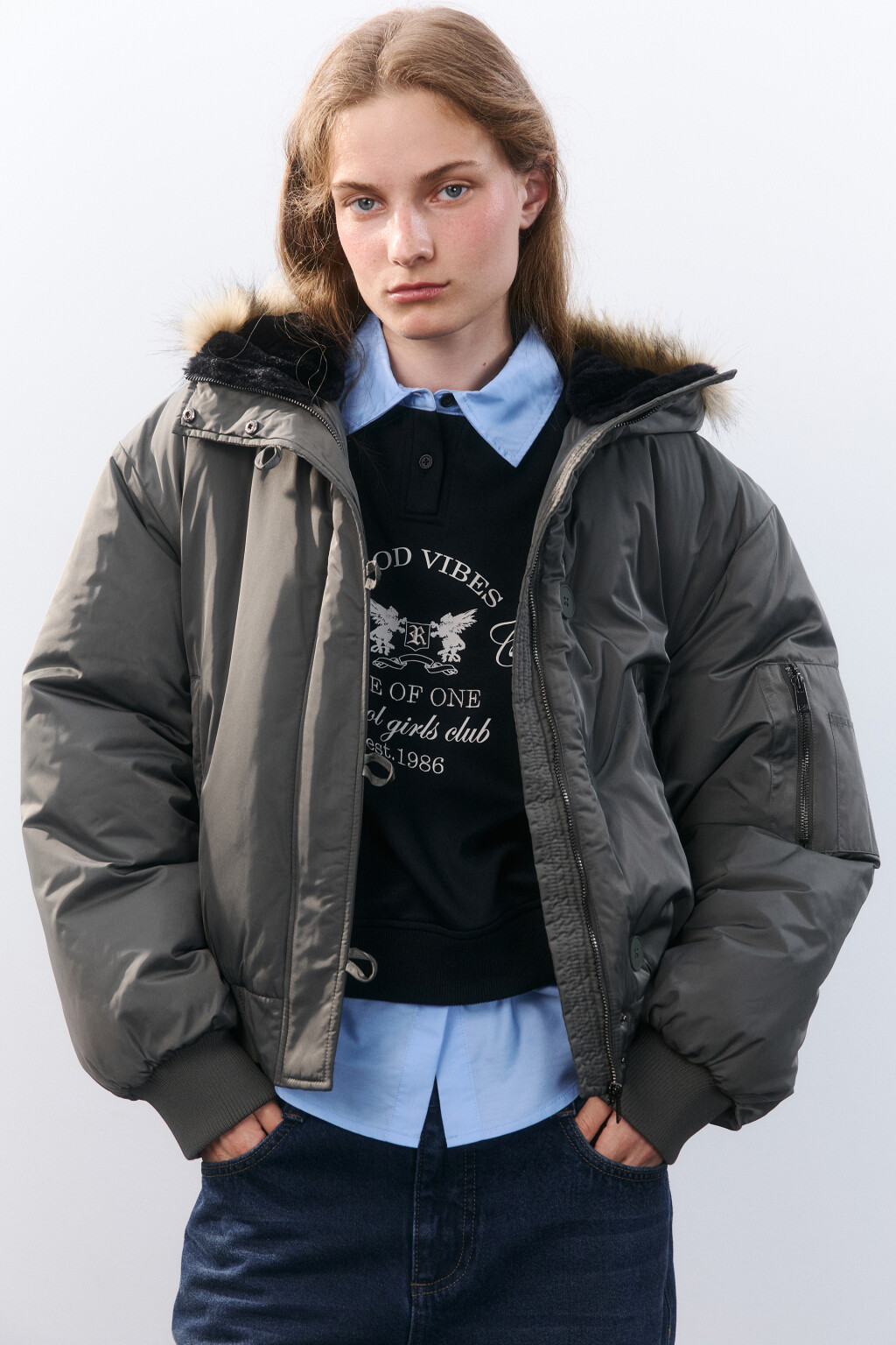 Куртка-парка короткая с опушкой - цвет зеленый - 1