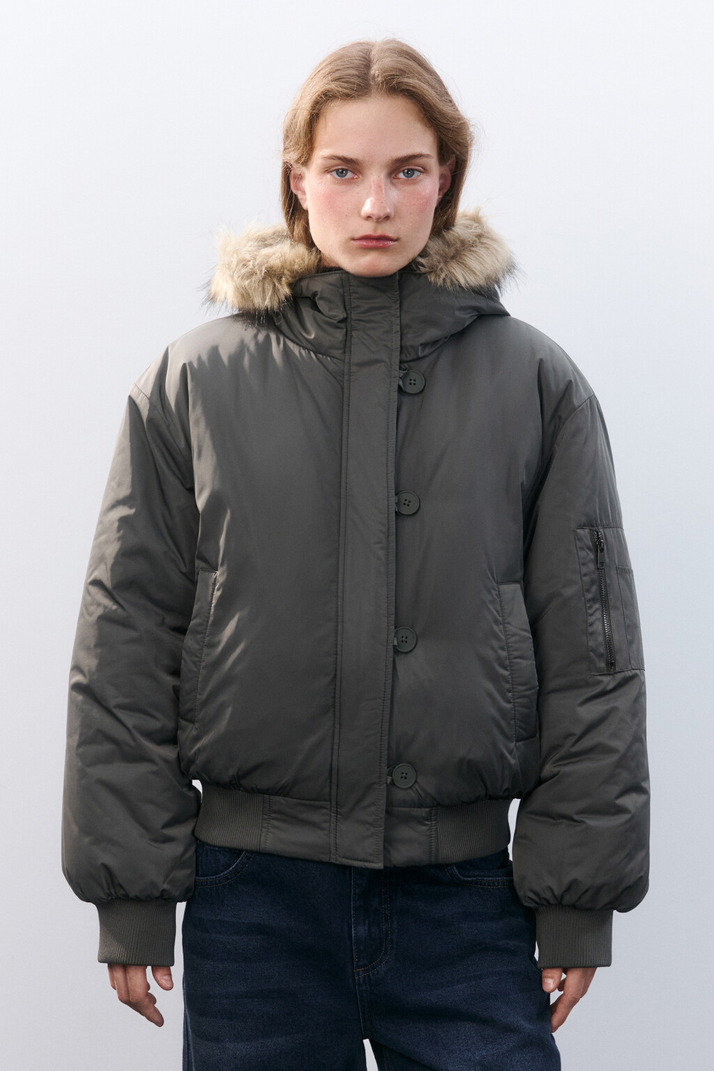 Куртка-парка короткая с опушкой - цвет зеленый - 2