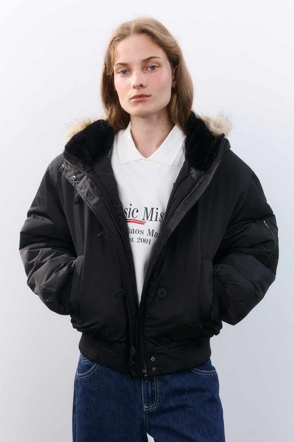 Куртка-парка короткая с опушкой - цвет черный - 1