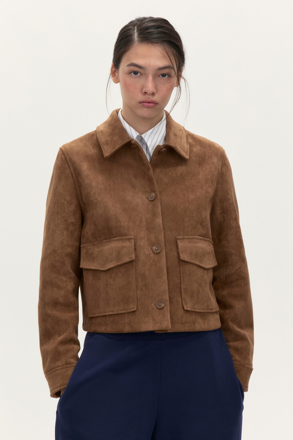 Куртка-жакет с замшевой фактурой - цвет коричневый - 3