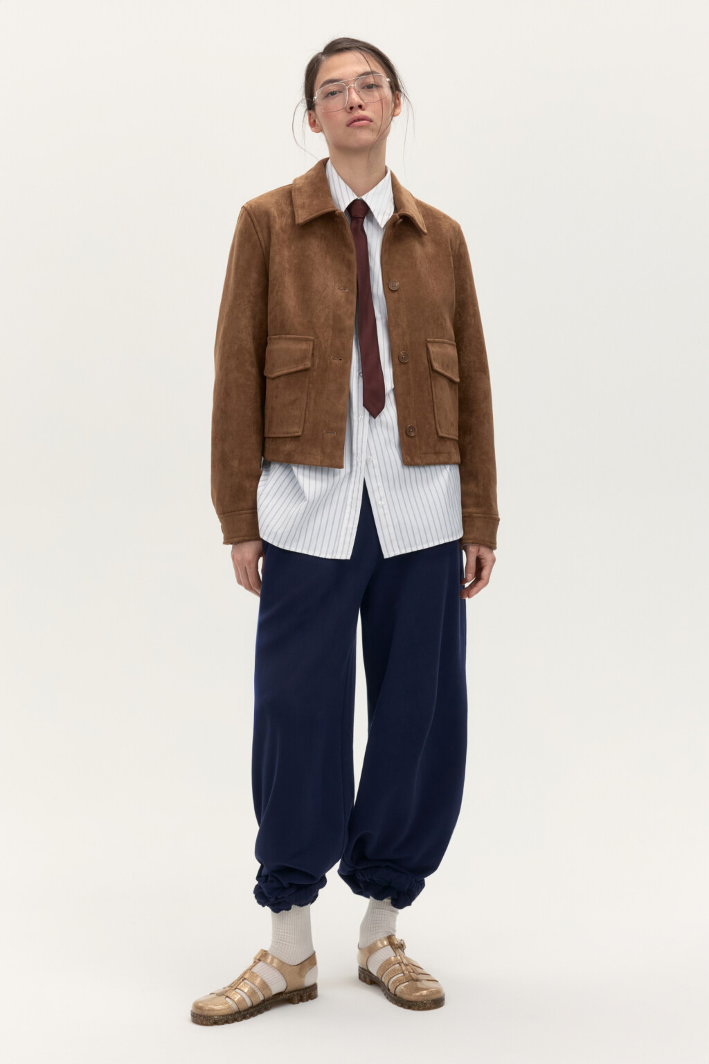 Куртка-жакет с замшевой фактурой - цвет коричневый - 5