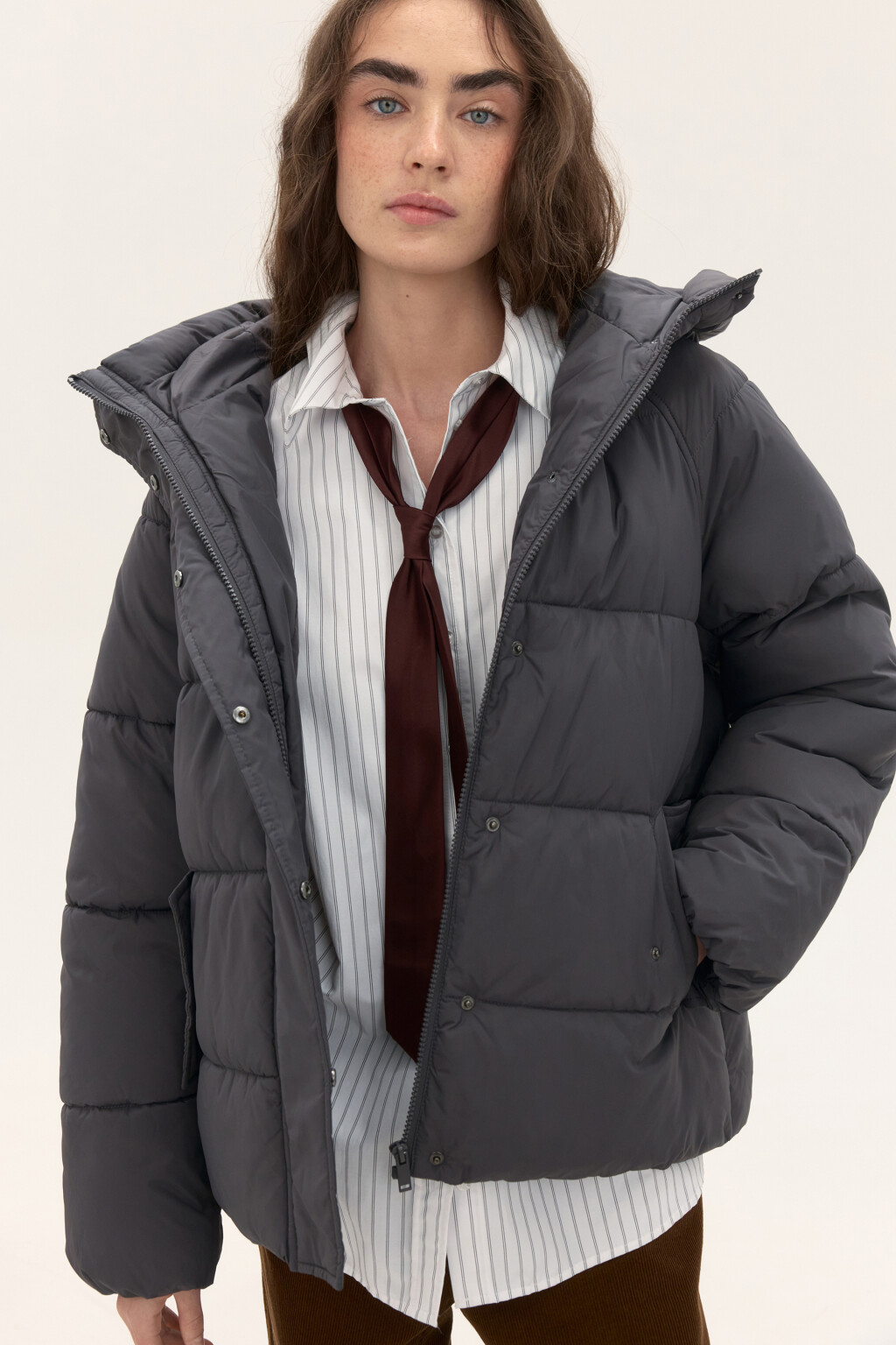 Куртка стеганая с капюшоном - цвет серый - 1