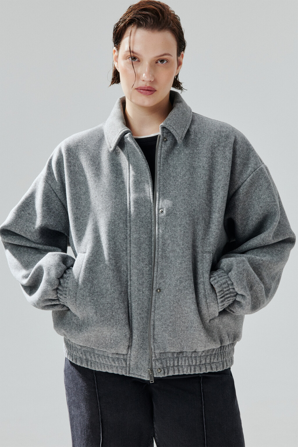Куртка-бомбер из драповой ткани - цвет серый - 1